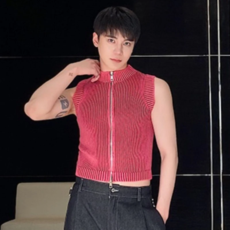 IEFB Male Knit Vest Casual Stand Collar Zipper Solid Color Elasticity Men Knitting Sleeveless Top 2024 spring New Stylish 9C4960