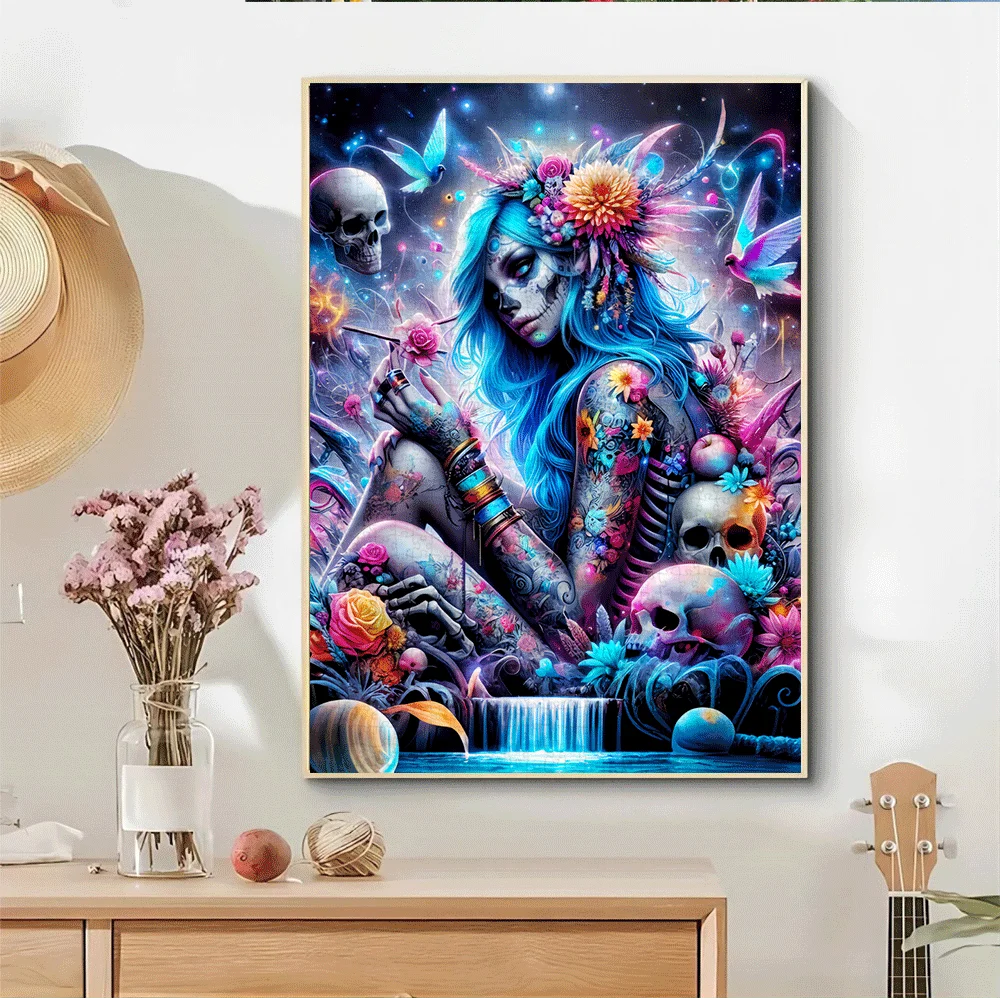 1000pcs Gothic Fantasy Jigsaw Puzzle with Mystical Blue-Haired Woman, Skulls, Butterflies & Floral Design - Vibrant Colors, In