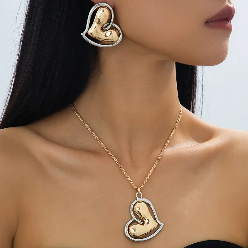 Two-Tone 3D Puffed Heart Pendant Necklace & Stud Earrings Jewelry Set for Women - Fashion Valentine's Day Gift Party Daily Wear