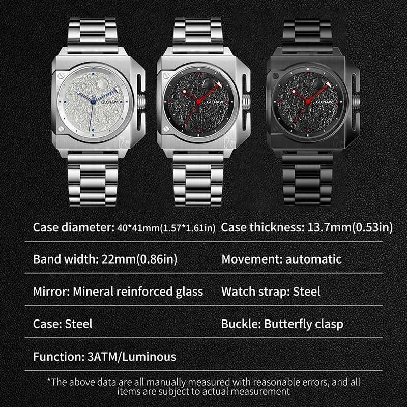 Montre Homme GLENAW Original Brand Design Mechanical Watch Moon Dial Luminous Spaceship Pointer Stainless Steel Watch For Men