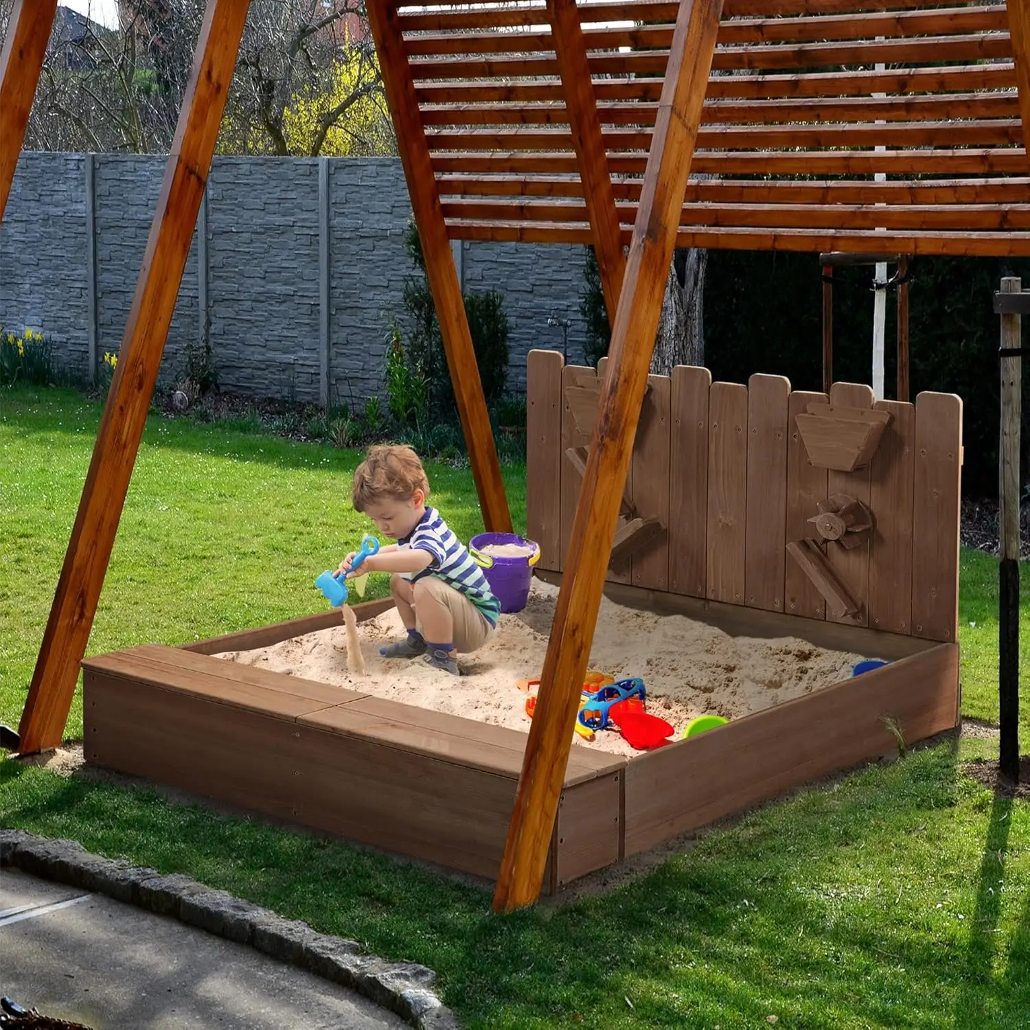 53x44.5in Wood Sand Box for Kids Ages 3-8, Sandboxes for Backyard Patio Garden Beach Outdoor Play Use, w/Fabric Liner Funnel Chu