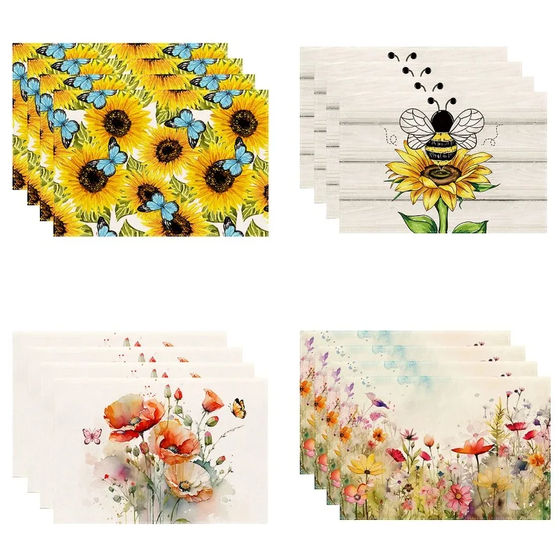 4/6/8PCS Spring Summer Placemats Floral Printed Watercolor Multicolor Decorative Linen Table Mat Dining Decor