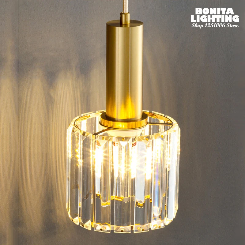 

K9 Crystal Striped Pendant Lamp Retro Golden Dazzling Small Droplight Bedside Kitchen Dining Room Long Cord Pendant Lamp