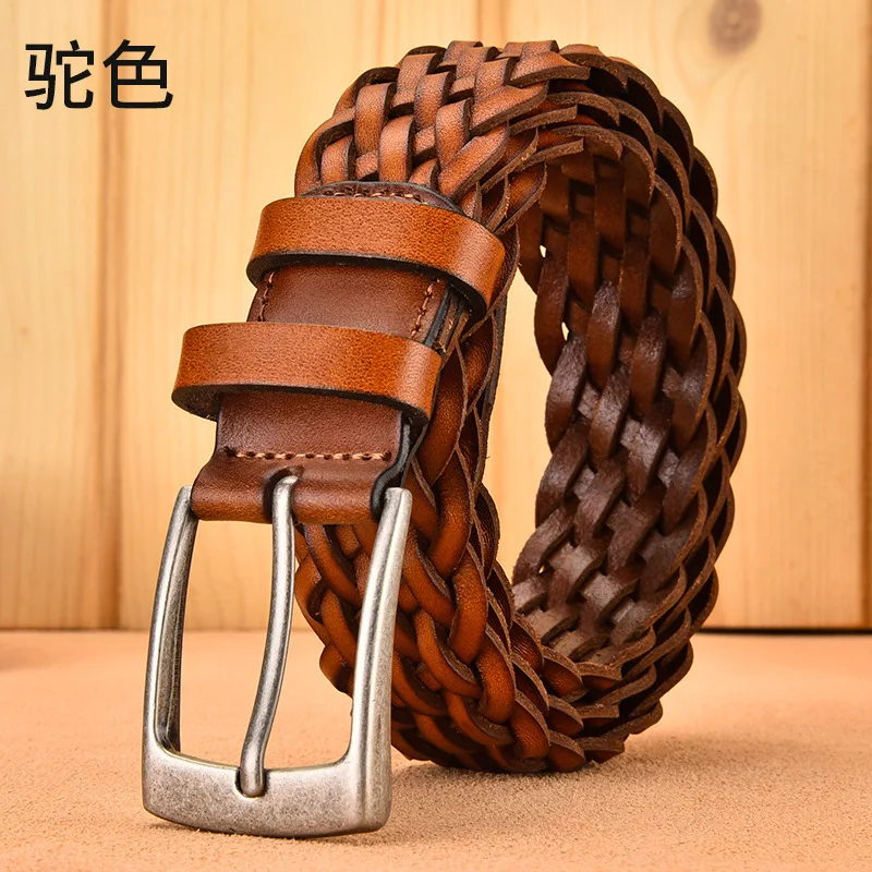 

3.4cm Wide High Quality Cowhide Belt New Design Shallow Coffee 2024 Braided Needle Buckle Hand Fashionable Personalized Student