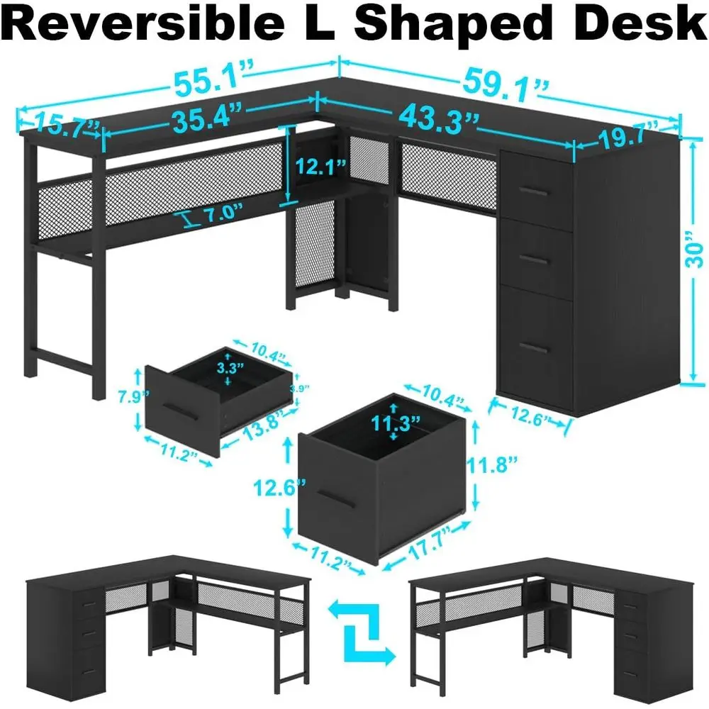 Large Reversible L-Shaped Desk with Drawers and Storage Cabinet, 59 Inch