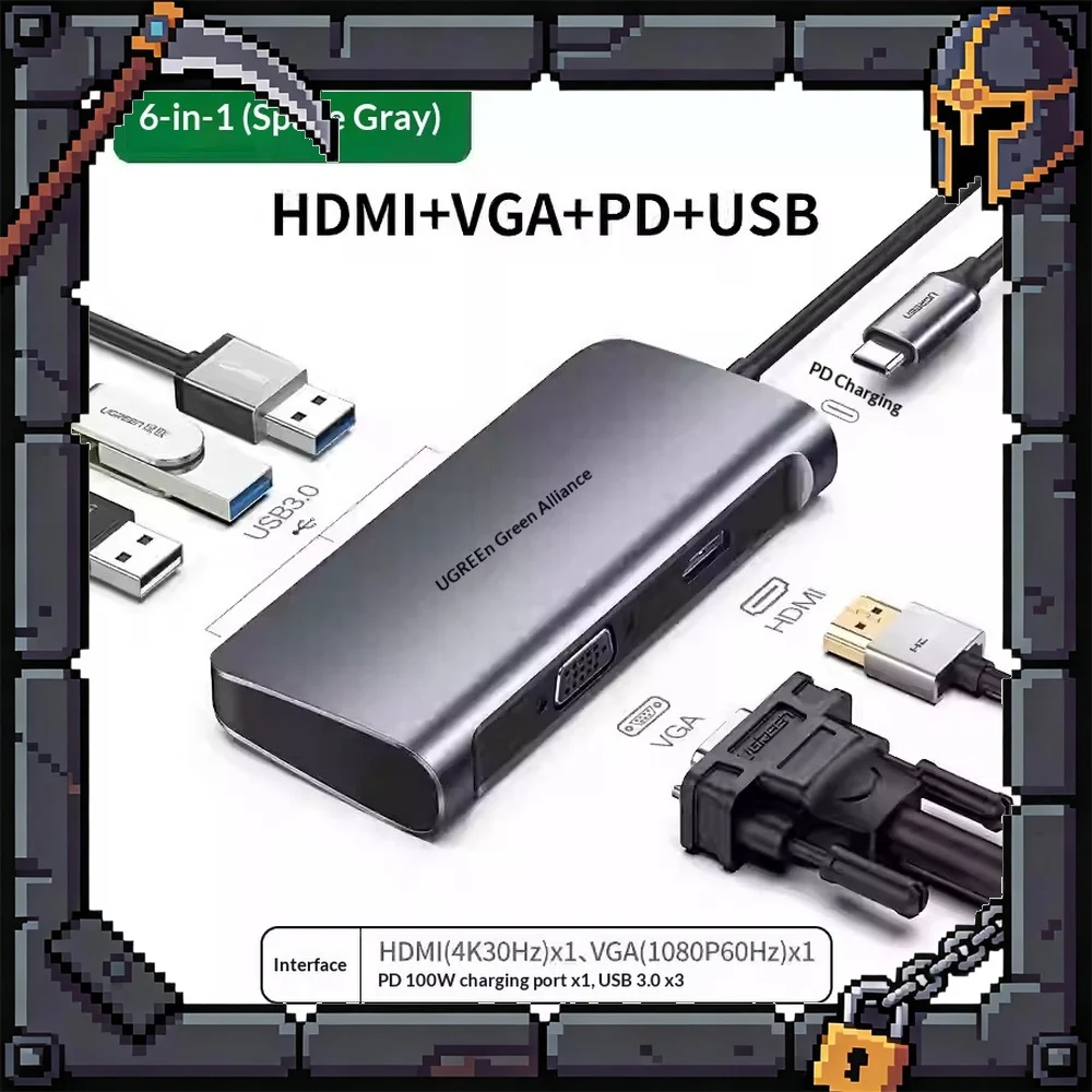 UGREEN 50319 6 in 1 USB C Hub HDMI 4K VGA 1080P 3 USB 3.0 PD Adapter for Laptop PC Monitor
