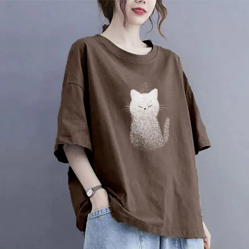 Oversized Cotton Half Sleeve T-Shirt Summer Casual All-match O-neck Loose Top Tee Ladies Simplicity Pullover Cartoon Tee Shirt