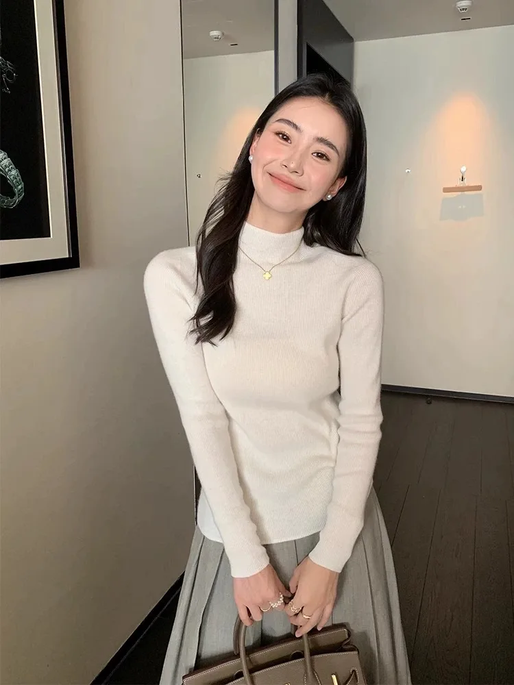 Slim Fit Camere Base irt Women's Overhead Ne Commute Sle Bla Knitted Sweater f High Collar Autumn Winter New Arr...