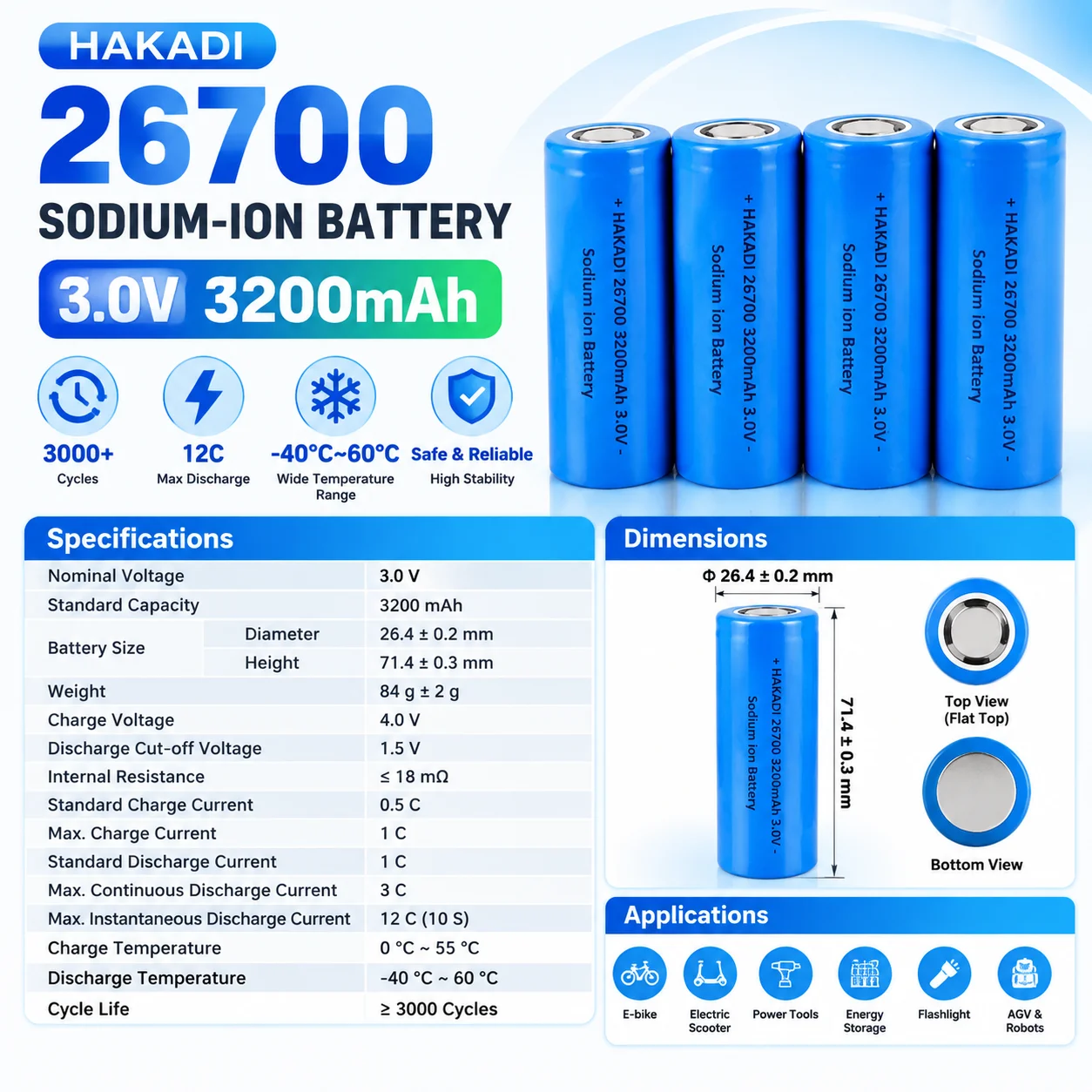 HAKADI 26700 3V 3.2Ah Sodium-Ion Rechargeable Cells 12C High Rate Battery 4-20PCS for DIY Energy Storage Solar Power