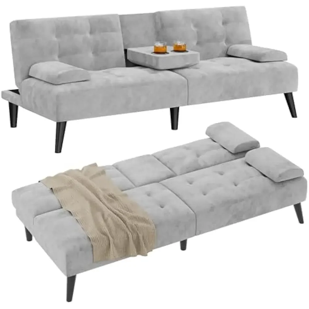 

Futon Sofa Bed, Foldable Couch Reclining Sleeper with Removable Armrests, Upholstered Loveseat with Folding Cup Holders
