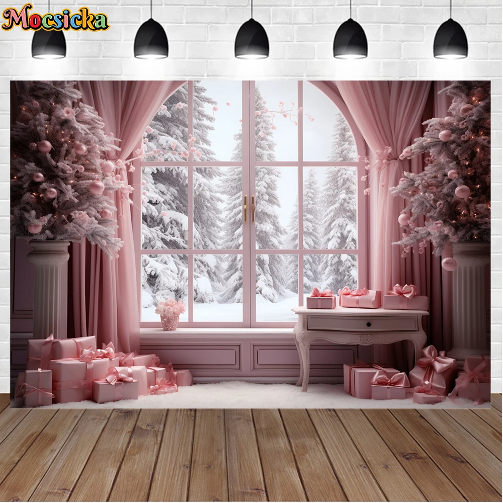 Mocsicka Winter Christmas Photography Background Pink Theme Gifts Xmas Tree Holiday Party Family Adult Photo Backdrops Studio