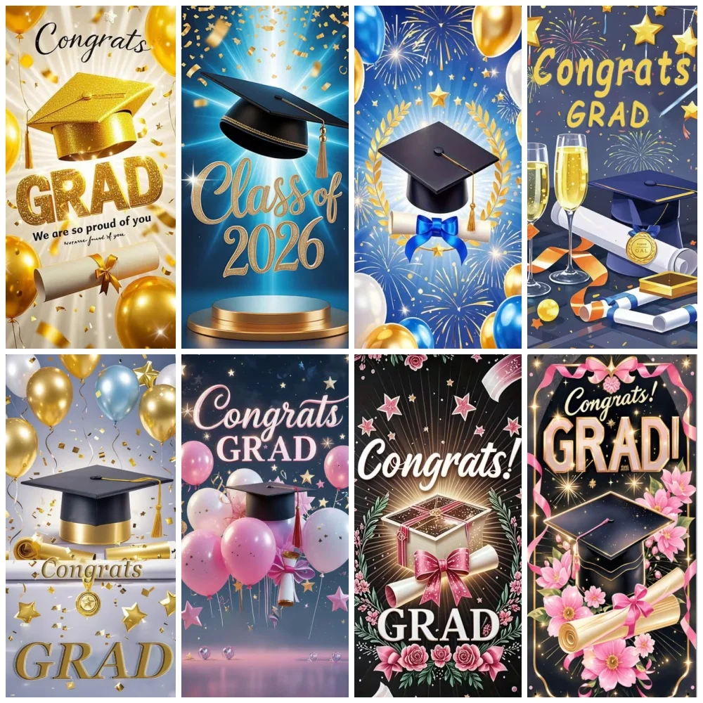 

2026 Happy Graduation Ceremony Party Decoration Backdrop Glitter Pink Black Balloon Bachelor Cap Background Photozone Supplies