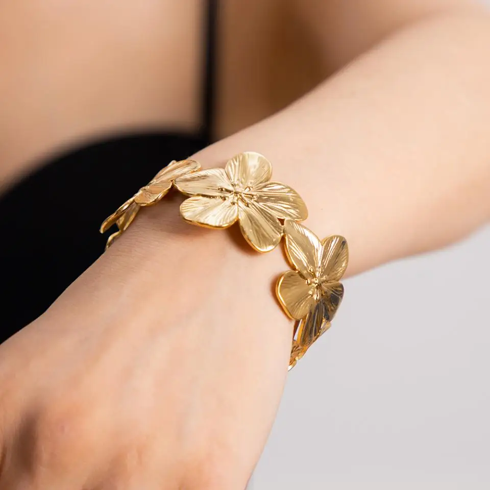RAKOL 316L Classic Waterproof Stainless Steel Flower Wide Bracelet High Quality Fashion Jewelry Women Party Jewelry New Style image 5