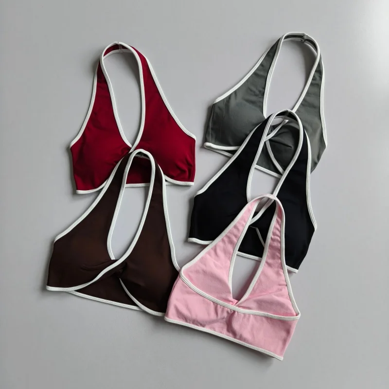 Damen-Yoga-BH mit Halterneck und Farbblock-Design, herausnehmbare Brustpolster, schnelltrocknendes Sport-Top für das Training. – Detail 21