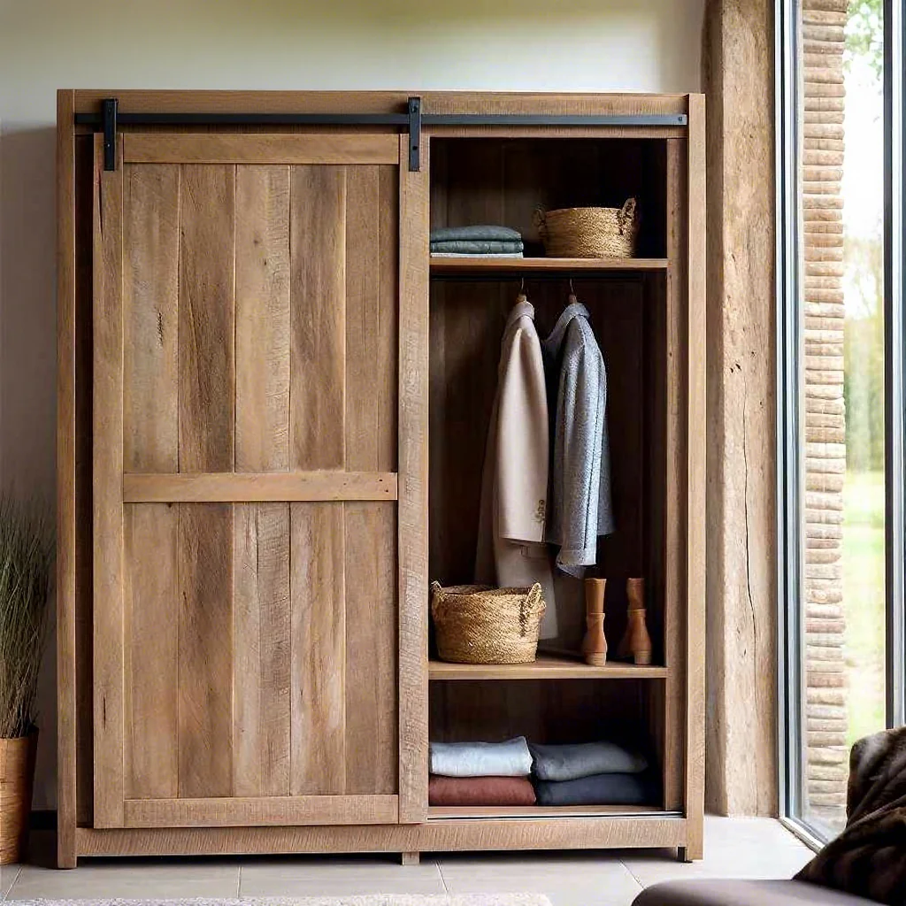 #Full Solid Elm Wood Wardrobe-Dual Sliding Doors With Triple Track System Bedroom