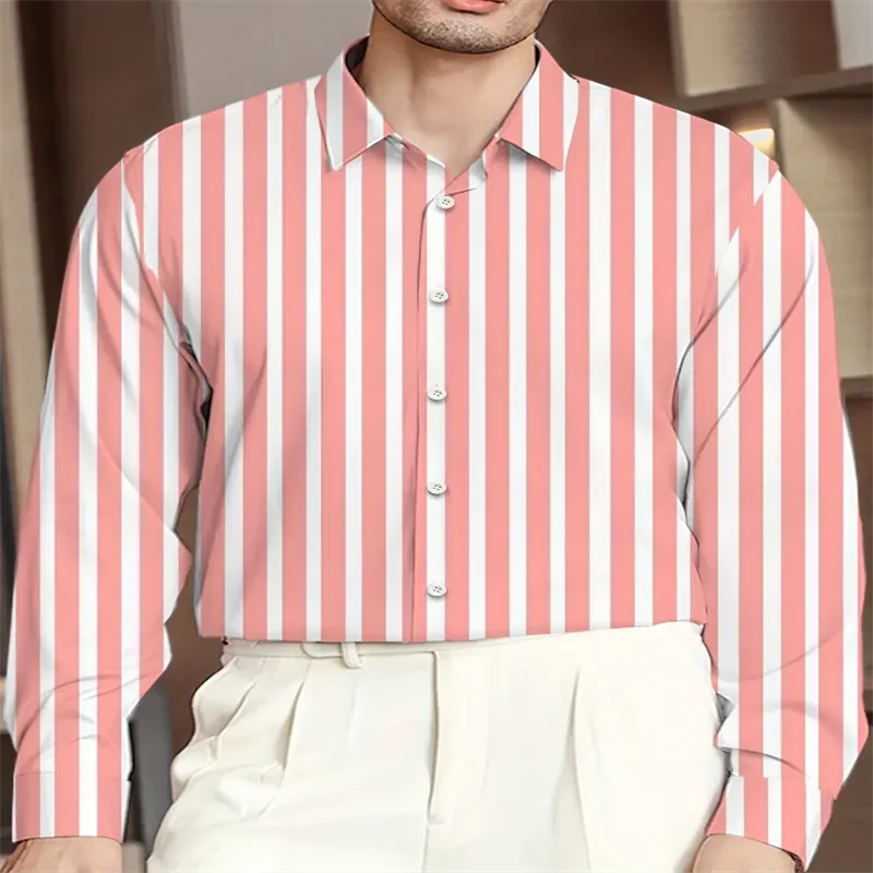 

New Men's Shirt Summer Striped Business Casual Daily Yellow Pink Green Long Sleeve Lapel Clothing 6XL