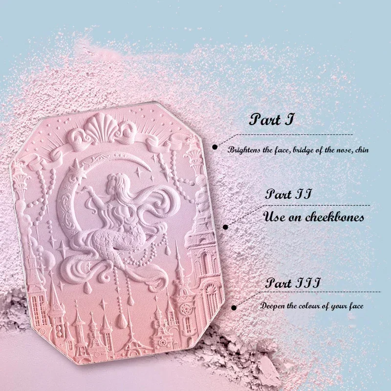 زهرة تعرف أحمر الخدود ، حورية البحر ضوء القمر ، التدرج ثلاثي الألوان ، مطفي النهاية ، نباتي ، خالية من القسوة ، ماكياج العلامة الخاصة