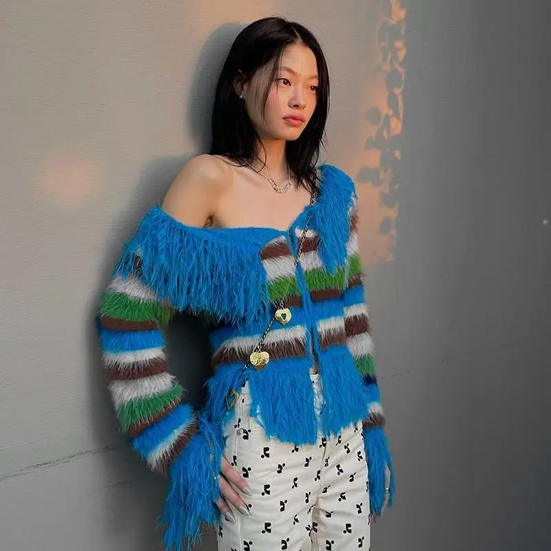 

Women's Fringe Design Striped Knitted Sweater Autumn Fashion Thin Coat Female Comfortable Long Sleeves Sexy Knitwear