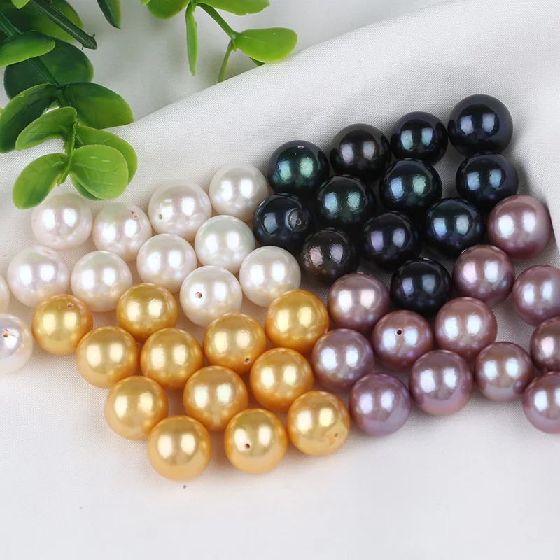 11-12mm white purple gold peacock green color round half hole drilled loose natural freshwater pearls beads