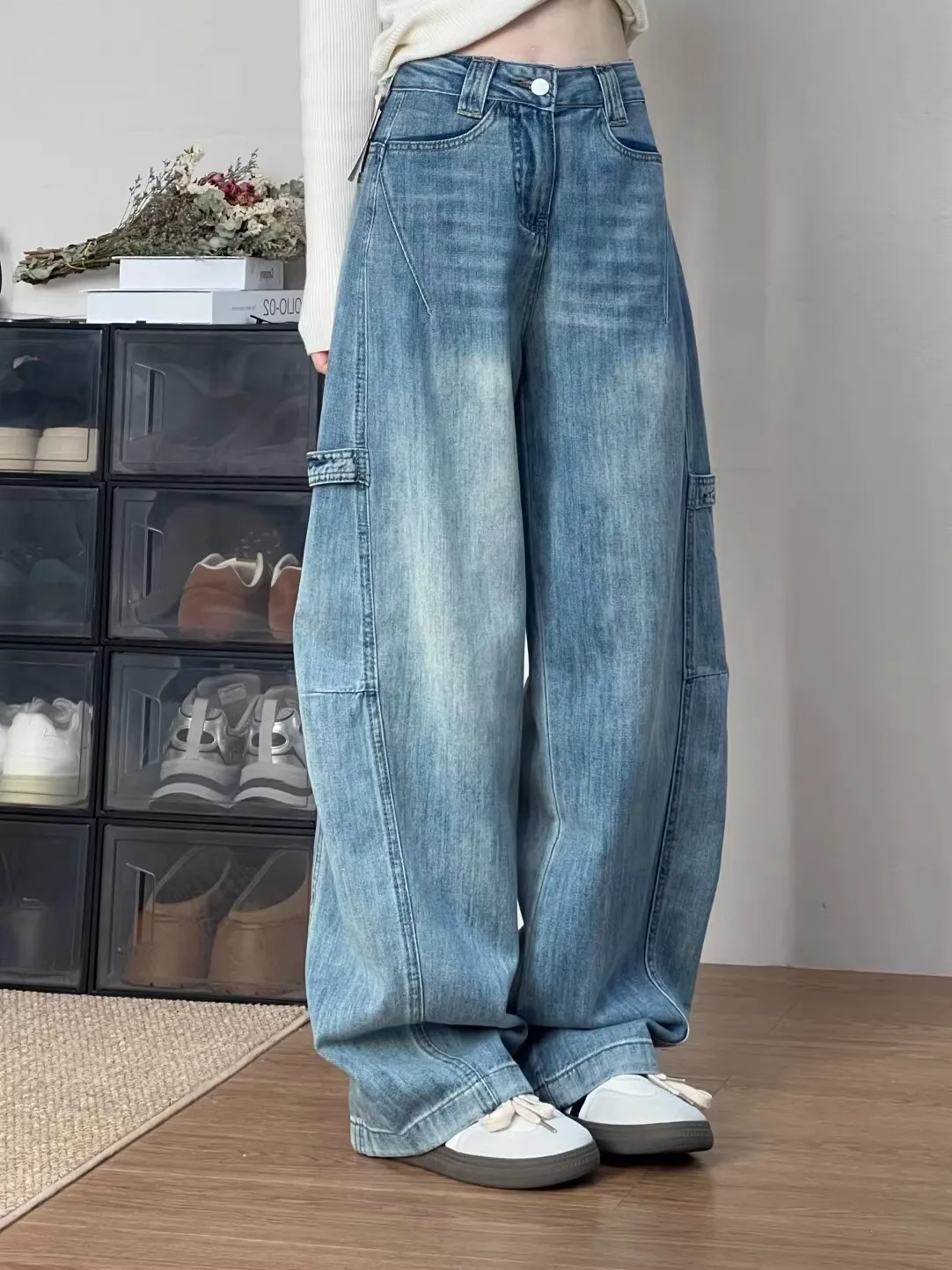 

American Style Bamboo Knot Patterned Curved Knife Workwear Jeans Women's Loose Harlan Pants High Waist Wide Leg Denim Jeans