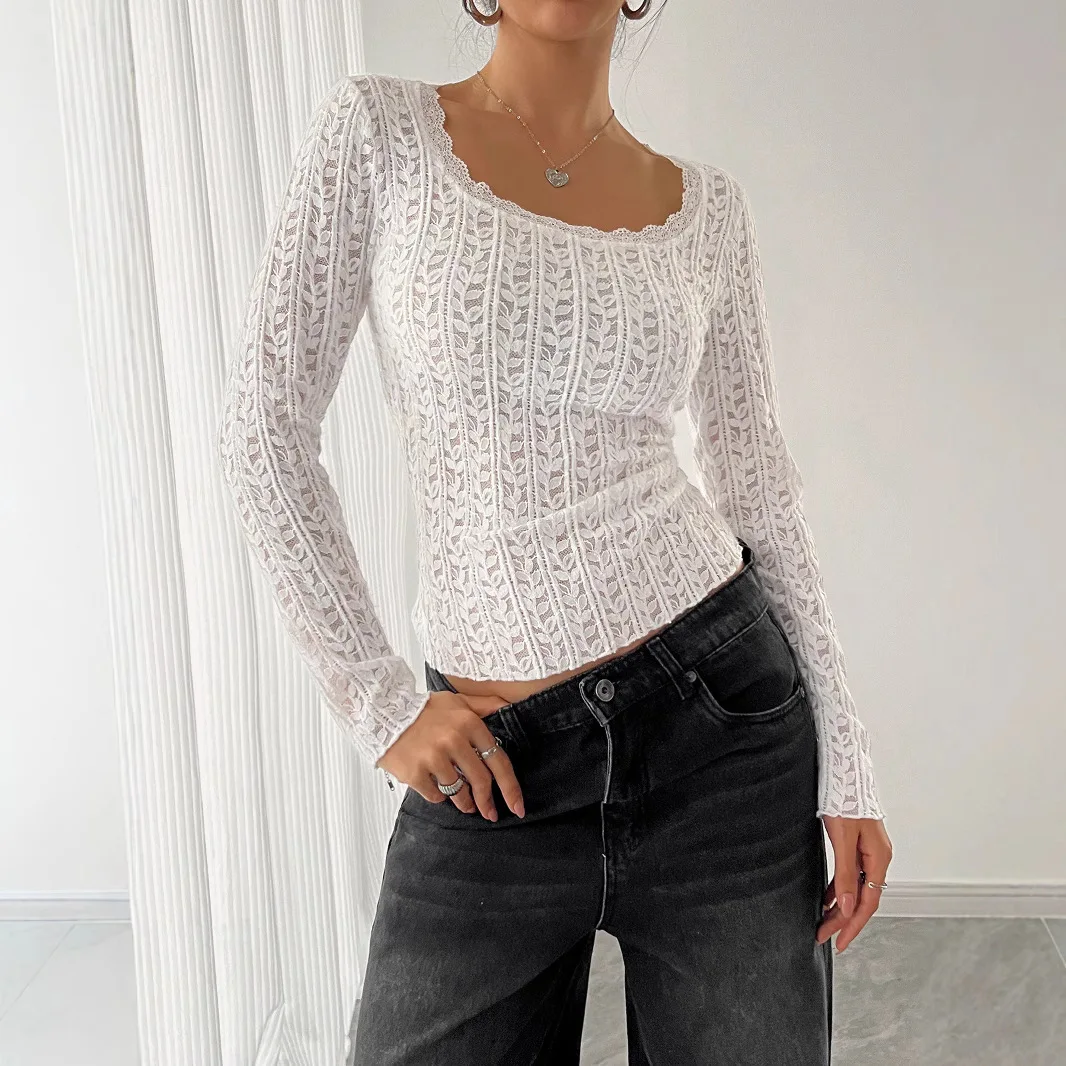 Cross-border Amazon 2025 Autumn and Winter New U-neck Long-sleeved Lace Trim T-shirt Top Women's Cw09360