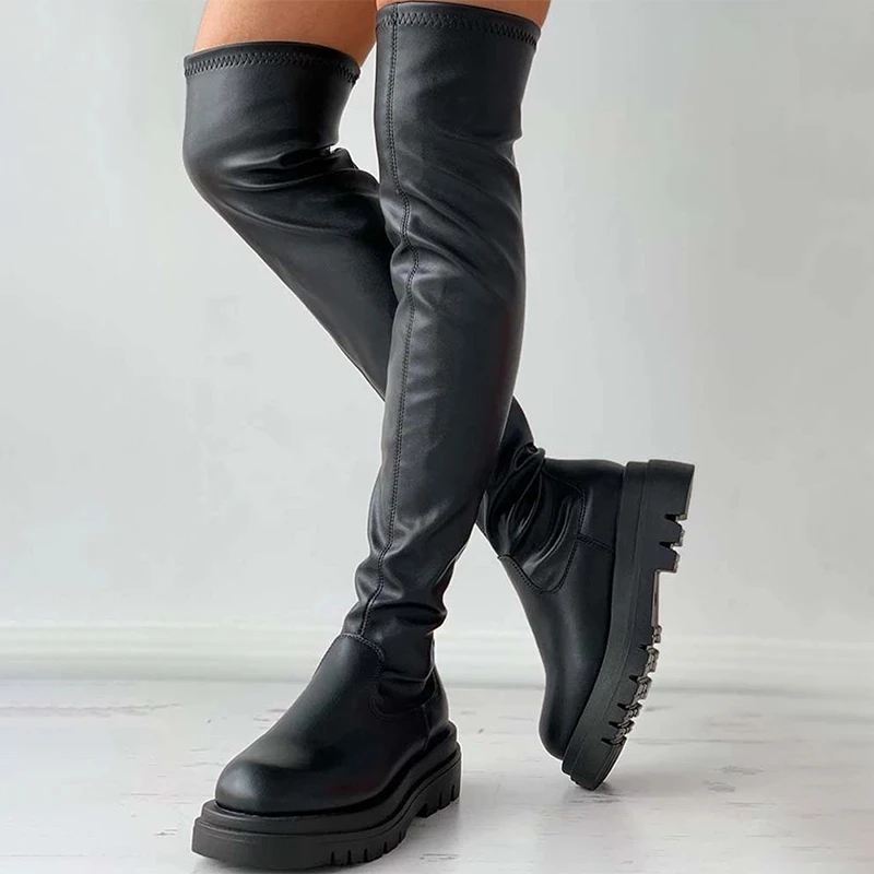 Autumn Winter Thigh High Boots Women Plus Size Slim PU Leather Long Boots Woman Fashion Platform Over The Knee Botas Mujer 2022