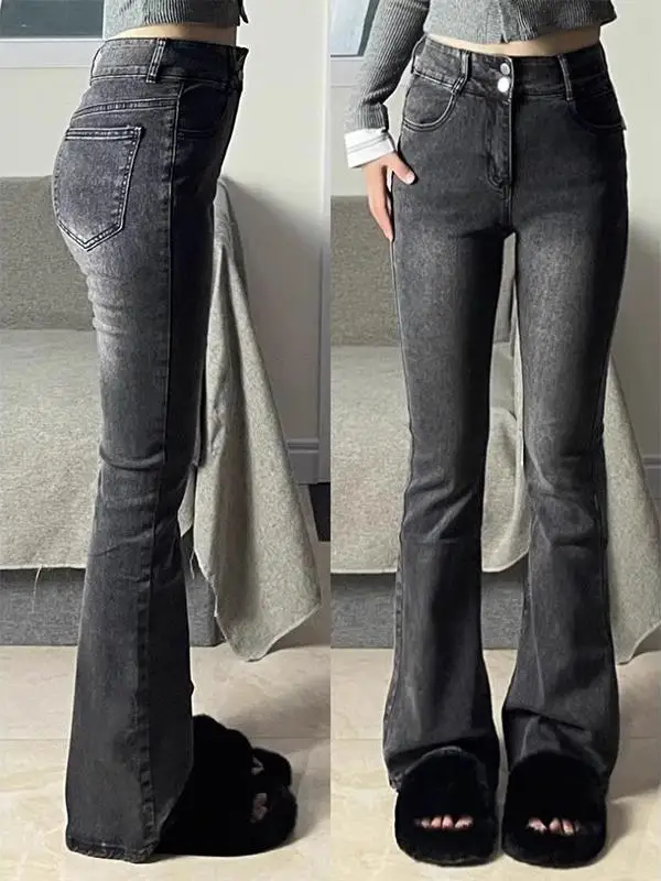 

Джинсы-клеш с высокой талией для женщин, эластичные, утягивающие, с эффектом стройности, осенне-зимние, больших размеров, для фигуры типа «груша»