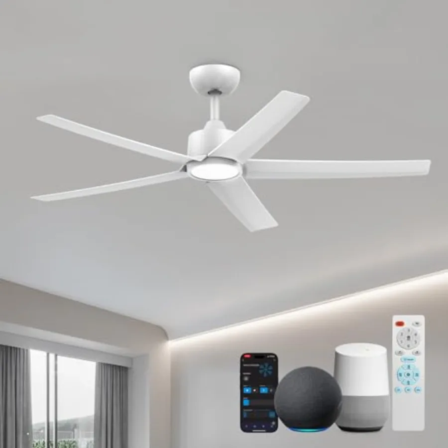 

52-дюймовый умный потолочный вентилятор с подсветкой и пультом дистанционного управления, совместимый с Alexa/Google Home/APP, с регулировкой яркости и 3 режимами цветовой температуры