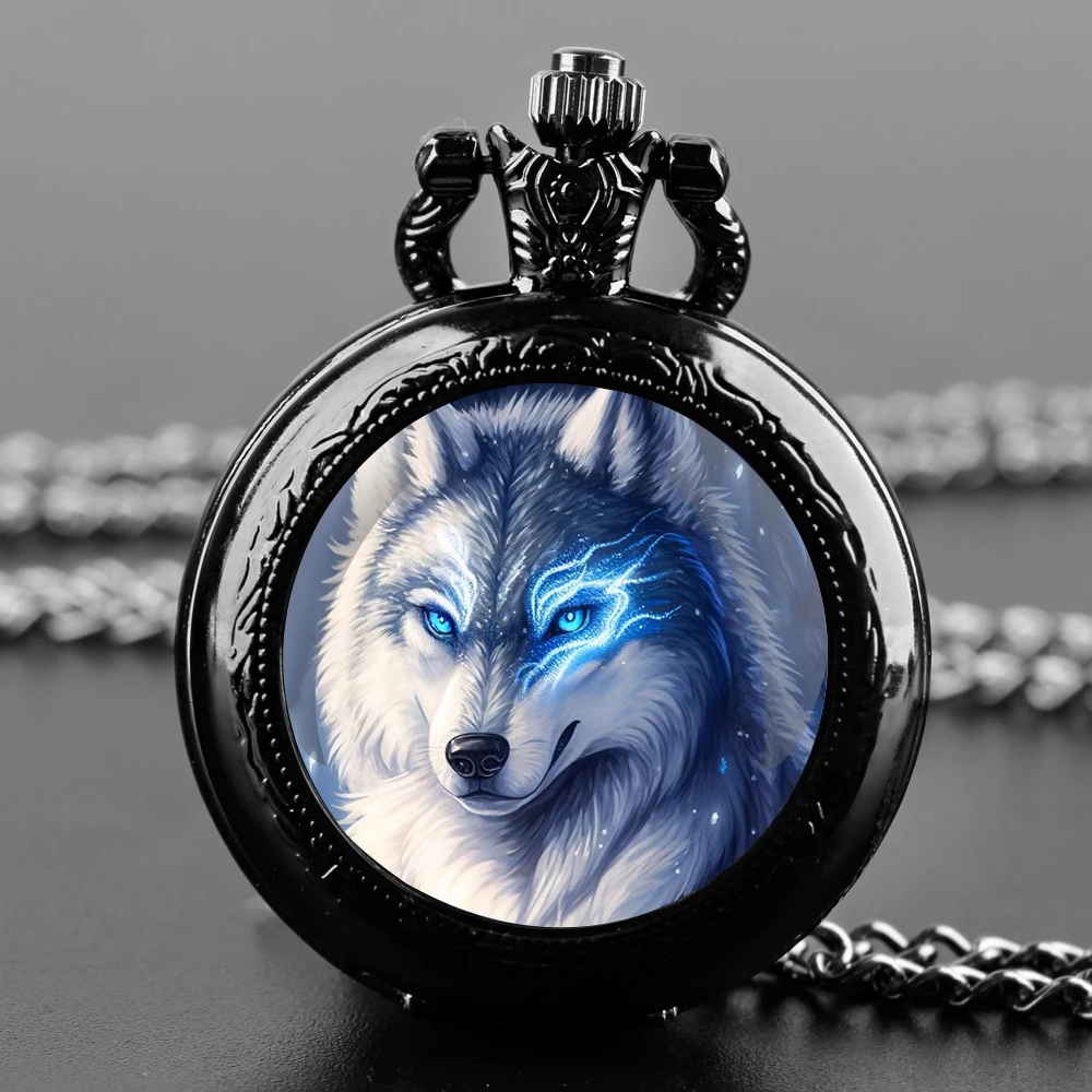 Gothic Cool Animal Wolf Design Black Pocket Watch with Necklace Alloy Case & Band,Quartz Movement Clock Watch for Men Women Kids