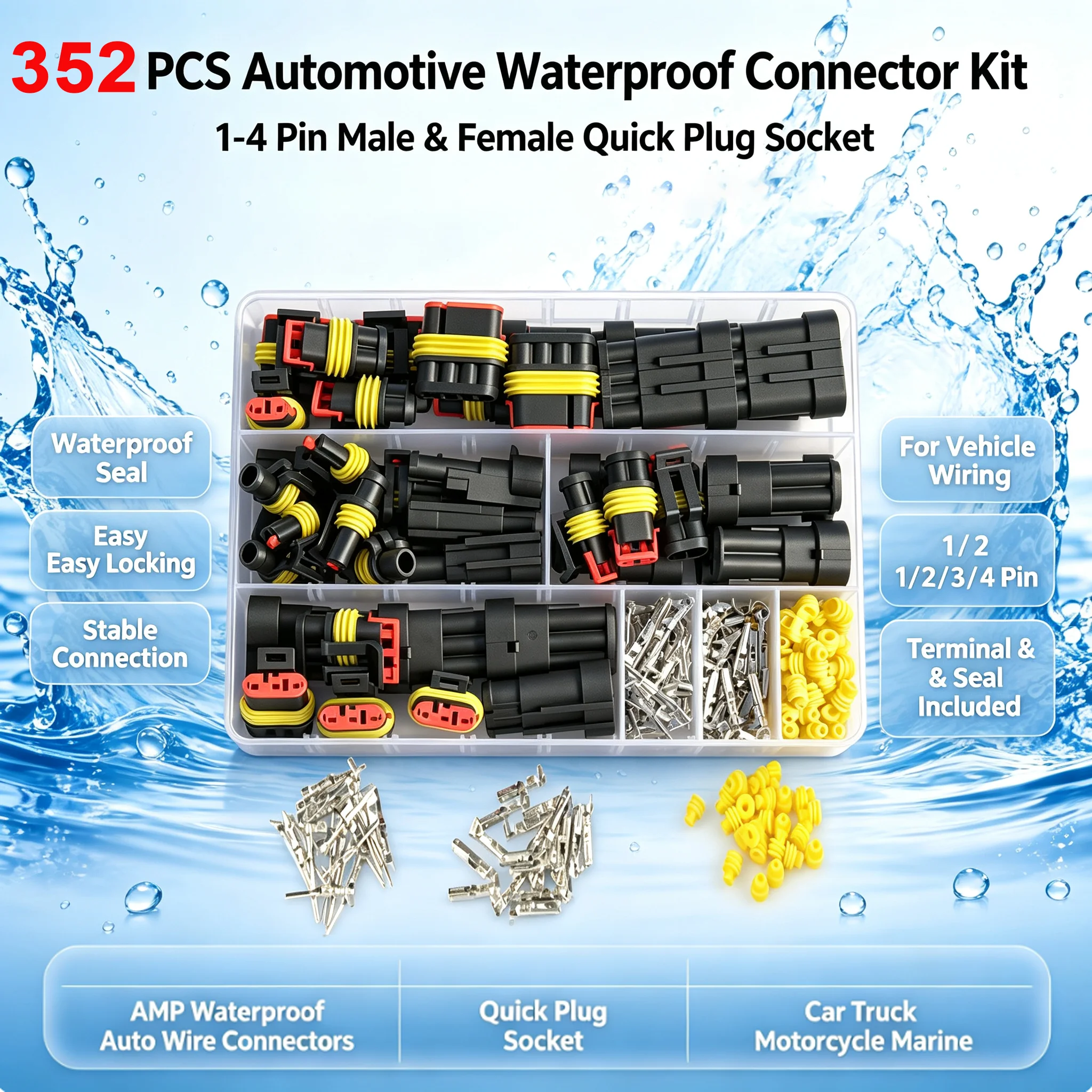 352Pcs IP68 Waterproof Electrical Connector Kit – 1/2/3/4 Pin Male & Female Terminal Plugs for Car, Motorcycle, Truck