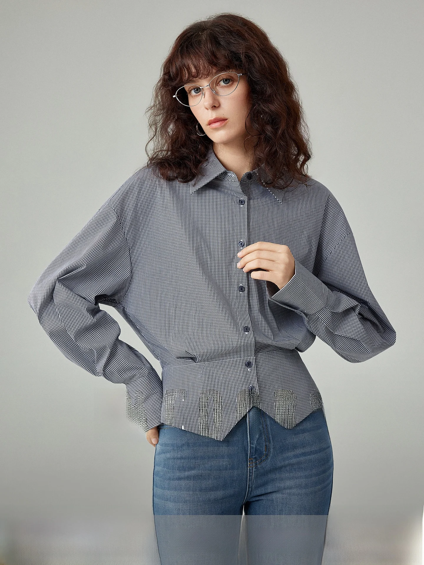 

Yoka Home Adventure Castle Bla White Plaid Waist-Cinching Long Sve irt Women Faion Commute Small irt