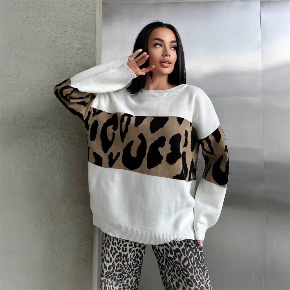 Autumn Winter Vintage Leopard Print Women's Sweater Loose Causal  Knitwear Women Fashion  Female Clothing
