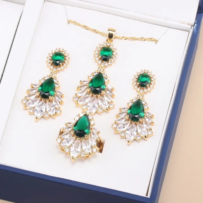 

Italian Brazil 18K Gold Plated Big Jewelry Luxury Women Necklaces Earrings Open Ring Dubai 4-Piece Set Wedding Party Accessories