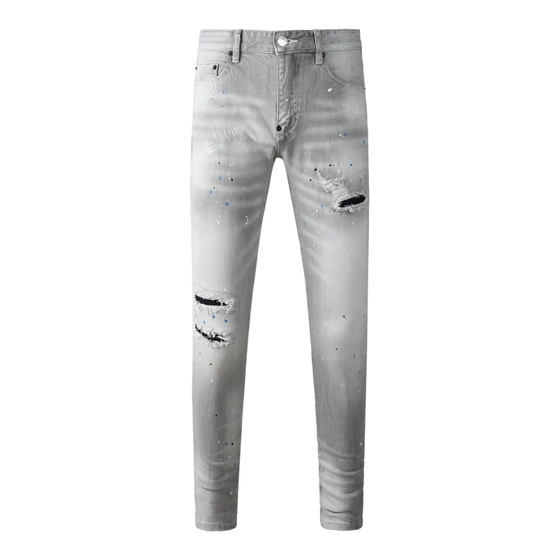 Designer Men's Light Gray Jeans Slim Fit Street Hip-Hop High-Quality Washed Nostalgic Graffiti Elastic Waist