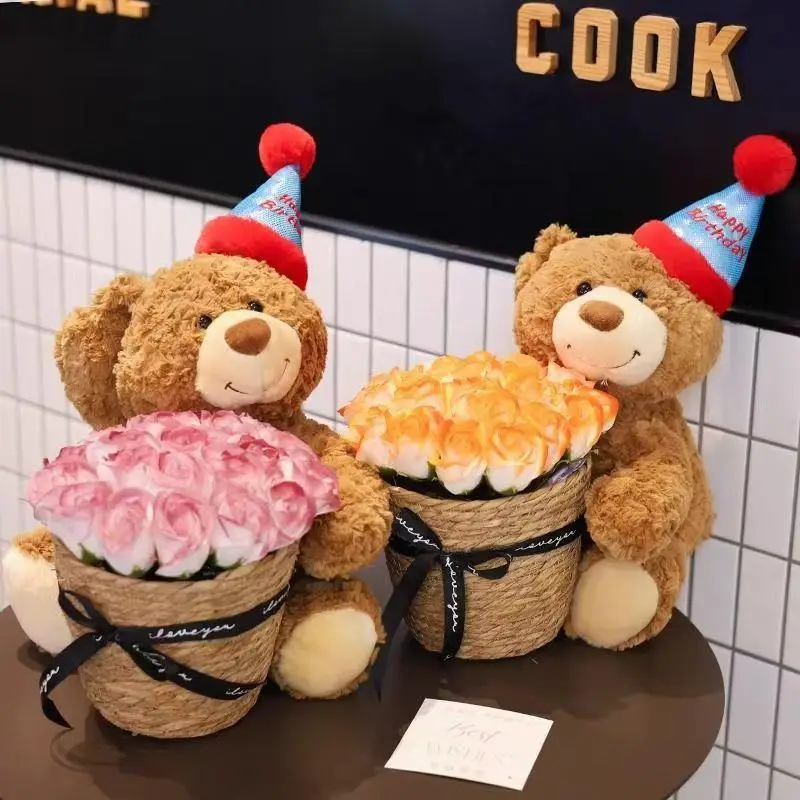 

Креативная плюшевая игрушка-медведь в праздничной шапке, кукла-медведь, рождественская кукла-медведь, товары для цветочных магазинов, подарок с вечными цветами