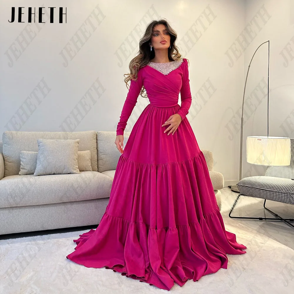 JEHETH Modern Mangas Longas Vestidos de Noite Para Mulher Rose Red Scoop Prom VeJEHETH Moderno Mangas Compridas Vestidos De Noite Para A Mulher Rose Red Scoop Prom Dress Arábia Saudita Cetim A Linha فساتين مناسبة رسمية