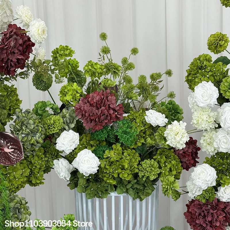5D Grüne Burgunderrote Hortensie Künstliches Tisch-Centerpiece Blumenarrangement Luxuriöse Hochzeits-Bankett-Esstisch-Dekoration – Detail 6