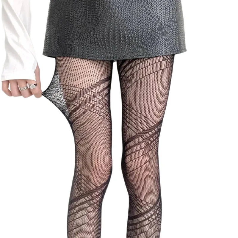 Women Crisscross Striped Jacquard Fishnet Tights Leggings 90s Y2K Girl Vintage Hollowed Geometric Sheer Mesh Pantyhose Stockings