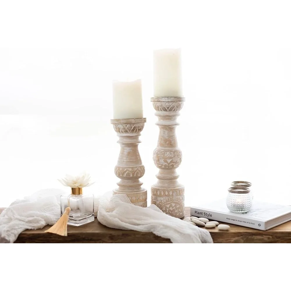 

Boho Wooden Candle Holders Set of 2 Tall Decorative Pillar Stands Ideal Home Decor Gifts Wedding Mantle Coffee Table