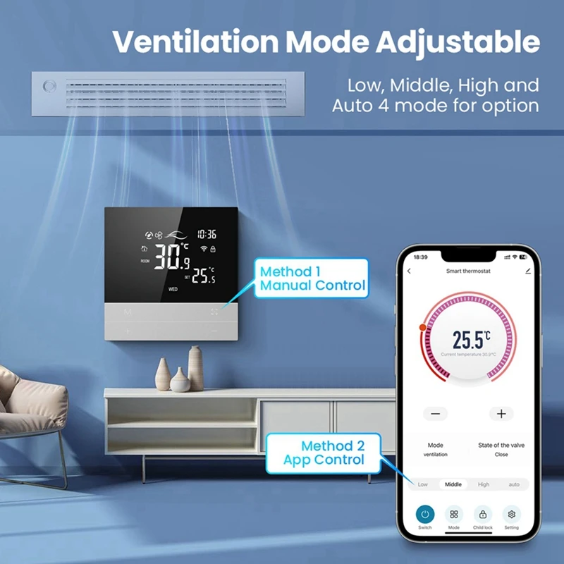 Tuya Wifi interruptor de termostato inteligente calefacción fría unidad de bobina de ventilador de 3 velocidades controlador de temperatura por voz