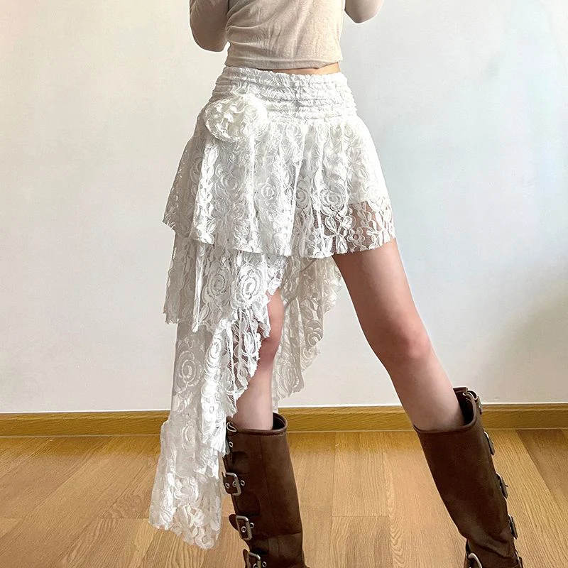 Irregular Lace Mini Skirt Women Summer Y2K Streetwear 3D Floral Harajuku Skirts High Waist White A Line Hottie Vintage Skirt New