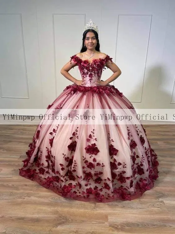 Vestido de fiesta rojo oscuro, vestidos de quinceañera con hombros descubiertos, con cordones en la espalda, tren de barrido, vestido Floral 3D para fiesta de 15 anos personalizado