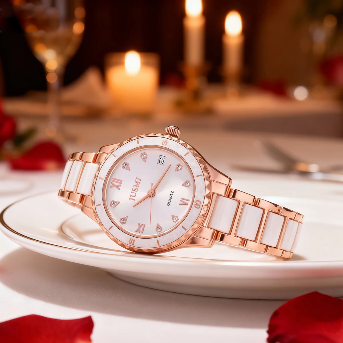 

Fashion simple ladies quartz watch round case rhinestone scale, suitable for daily wear, anniversary, Christmas gift