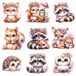 2PCS 15cm Cute Cartoon Flower Animal Fox Deer Heat Transfer Stickers Clothes with Vinyl Heat Stickers Washable T-shirt Stickers
