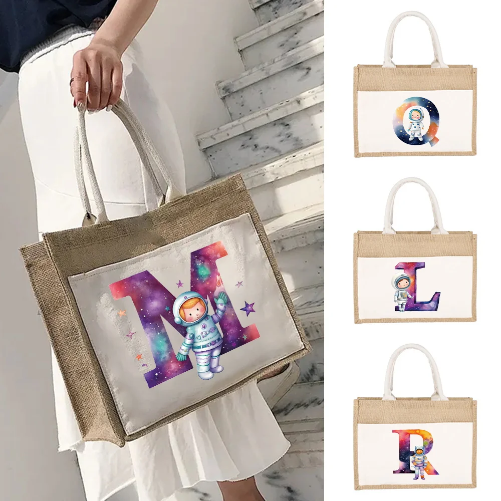 Multifunctional Shopping Bag Astronaut Letter Print Pattern Linen Shoulder Bag Yellow Linen Imitation Hemp Bag Commuter Handbag
