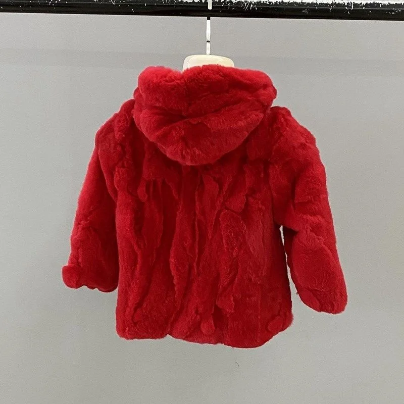 Winter New Rex Rabbit Fur Coat Children Fashion Hooded Jackets For Girl Boy Outerwear Thickened Warm Kawaii Kids Clothing