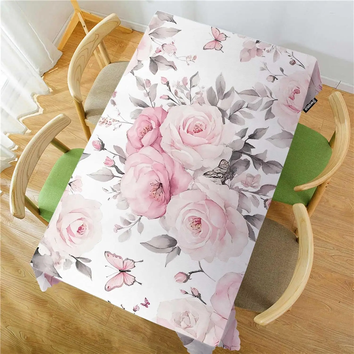 Elegant Pink Floral Rose Tablecloth Dining Table Cover Home Decoration Spring Blush Butterfly Pattern Fabric
