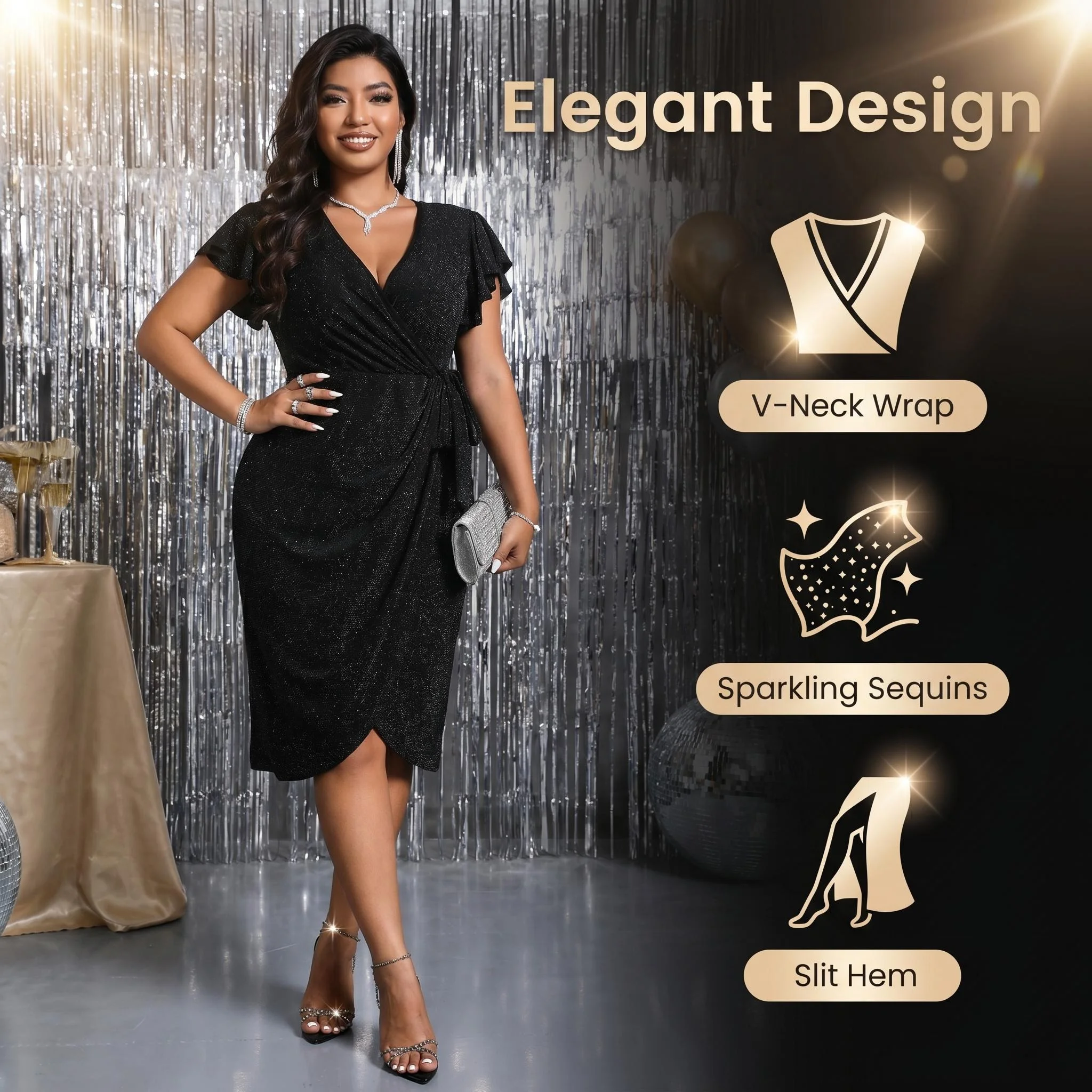 Plus-Size-Wickelkleid für Damen, V-Ausschnitt, Rüschenärmel, Glitzerstoff, Taillenband, Midi-Bodycon-Kleid, elegantes Abendkleid für Party und Club. – Detail 2