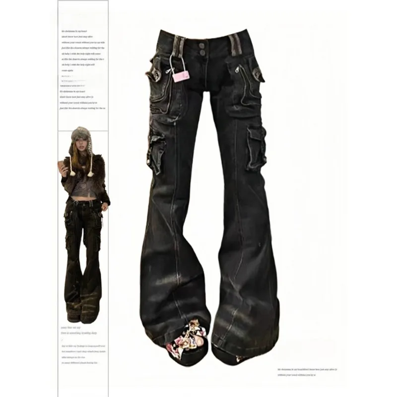 Women Korean Fashion Chic Jeans Grunge Japanese Harajuku Gyaru Y2K Denim Cargo Pants Cyber Punk Hip-pop 2000s Aesthetic Tomboy