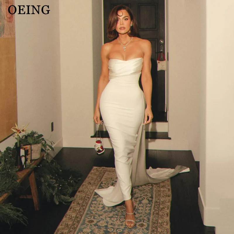 

OEING Simple Mermaid Prom Dresses Beige Pleats Strapless Party Gowns Sleeveless Ankle Length Evening Dress With Train Customized